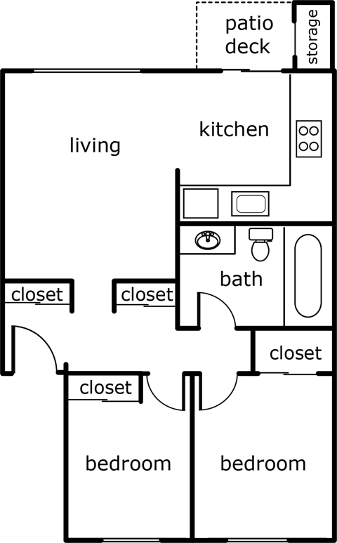 Floor plan for 2 beds, 1 bath, 800 sqft